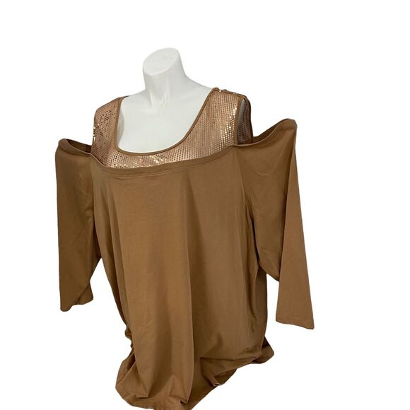 Denim 24/7 Top Womens 4x Brown Sequin Knit Shirt Cold Shoulder Office Casual - Picture 11 of 14